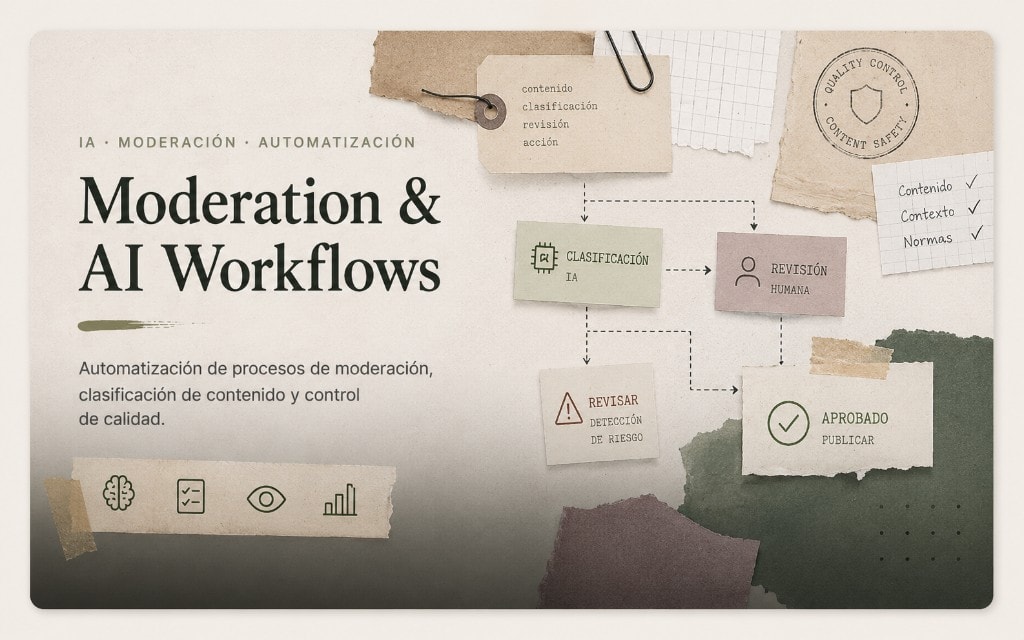 Portada de Moderation & AI Workflows, línea de trabajo sobre moderación, criterio y automatización