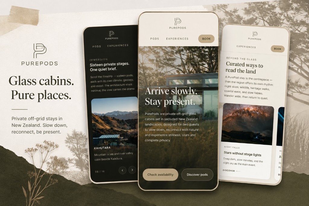 Portada de PurePods, experiencia web de alojamientos de cristal en Nueva Zelanda